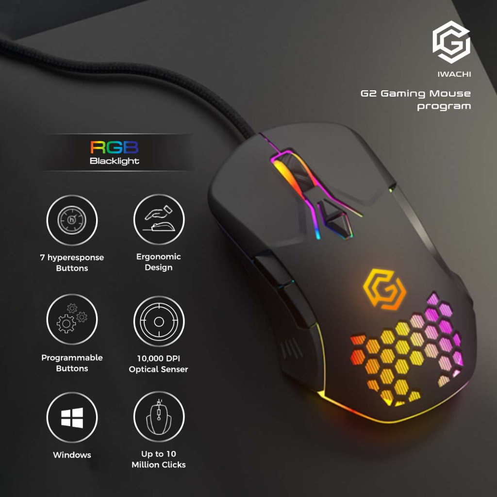เมาส์เกมมิ่ง แท้ IWACHI Gaming Mouse G2 Gaming Gear Series มีสาย Optical Sensor ปรับ DPIสูงสุด10000