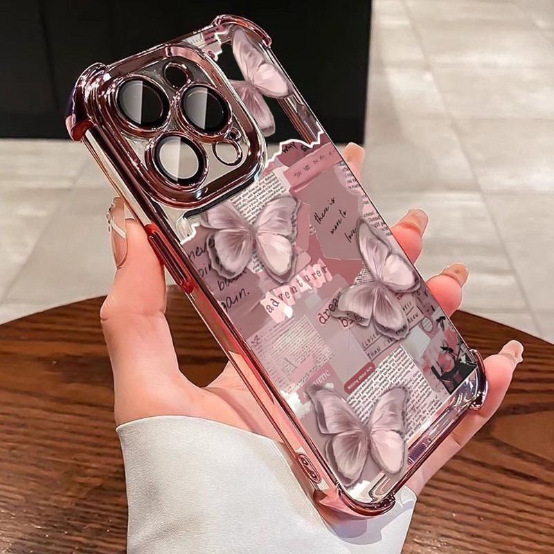 หนังสือพิมพ์ผีเสื้อสีชมพู Electroplated โปร่งใสเคสโทรศัพท์สําหรับ iPhone 17 Air 16 15 14 13 12 11 Pro Max Plus ปกอ่อน