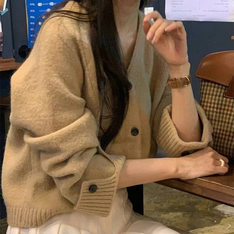 เกาหลี Dongdaemun ฤดูใบไม้ร่วงฤดูหนาวสไตล์ใหม่ All-Match Single-Breasted V คอถักเสื้อสเวตเตอร์ถักเสื