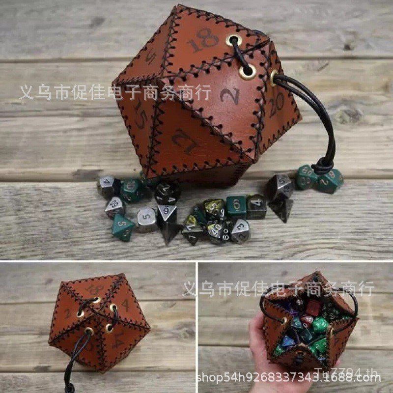 กระเป๋าลูกเต๋าลูกเต๋า Drawstring Storage Bag D20 Multilateral Leather D20 Dice Lucky LeatherBag IKKD