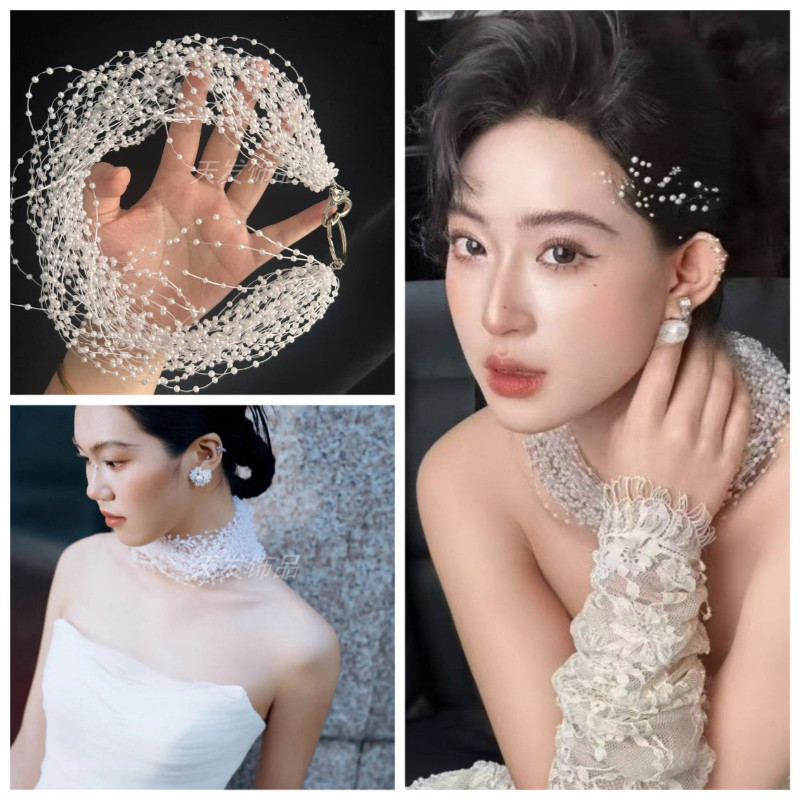 สร้อยคอมุกหลายชั้นสำหรับชุดแต่งงานเจ้าสาว ดูหรูหราและสง่างาม
