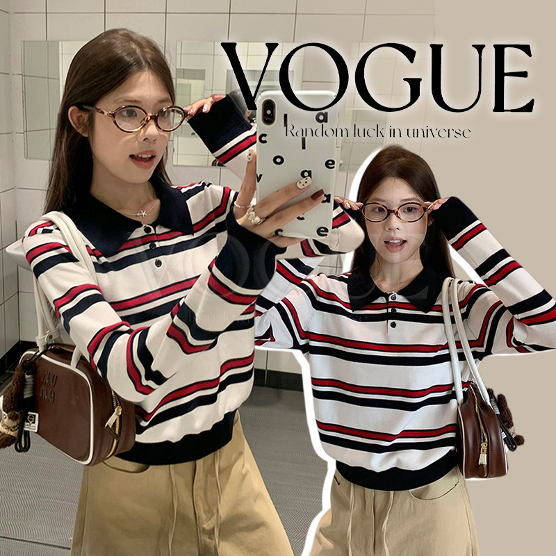 Vogue🌟พร้อมส่ง🌟 เสื้อไหมพรมแขนยาว คอปก ดีเทลลายทางสไตล์เกาหลี (J56-1)