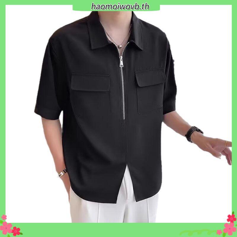 เสื้อเชิ้ตแขนสั้นลําลอง คอปก มีซิป ทรงหลวม เข้ากับทุกการแต่งกาย สไตล์เกาหลี สําหรับผู้ชาย dtt01
