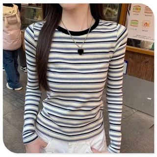 FASHION.61 เสื้อยืดเเขนยาว ลายทาง เนื้อผ้าดีผ้ายืด ขนาด S-2XL อก 32-40 นิ้ว รุ่น W7807