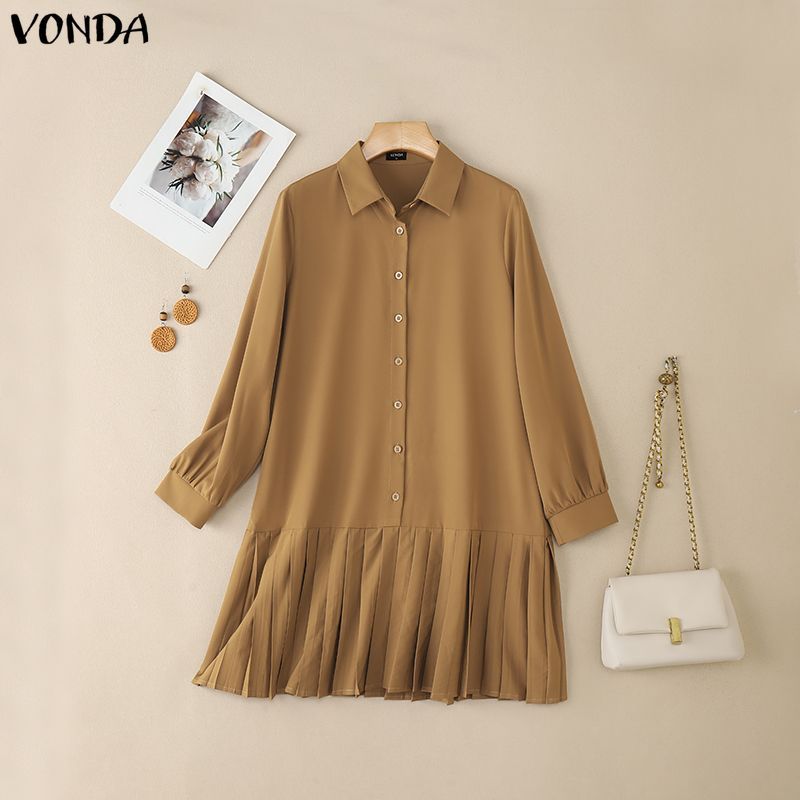 VONDA ผู้หญิงเสื้อสีทึบเกาหลี, แขนยาวแขนพองและชุดเดรสยาว Hem — صورة 7