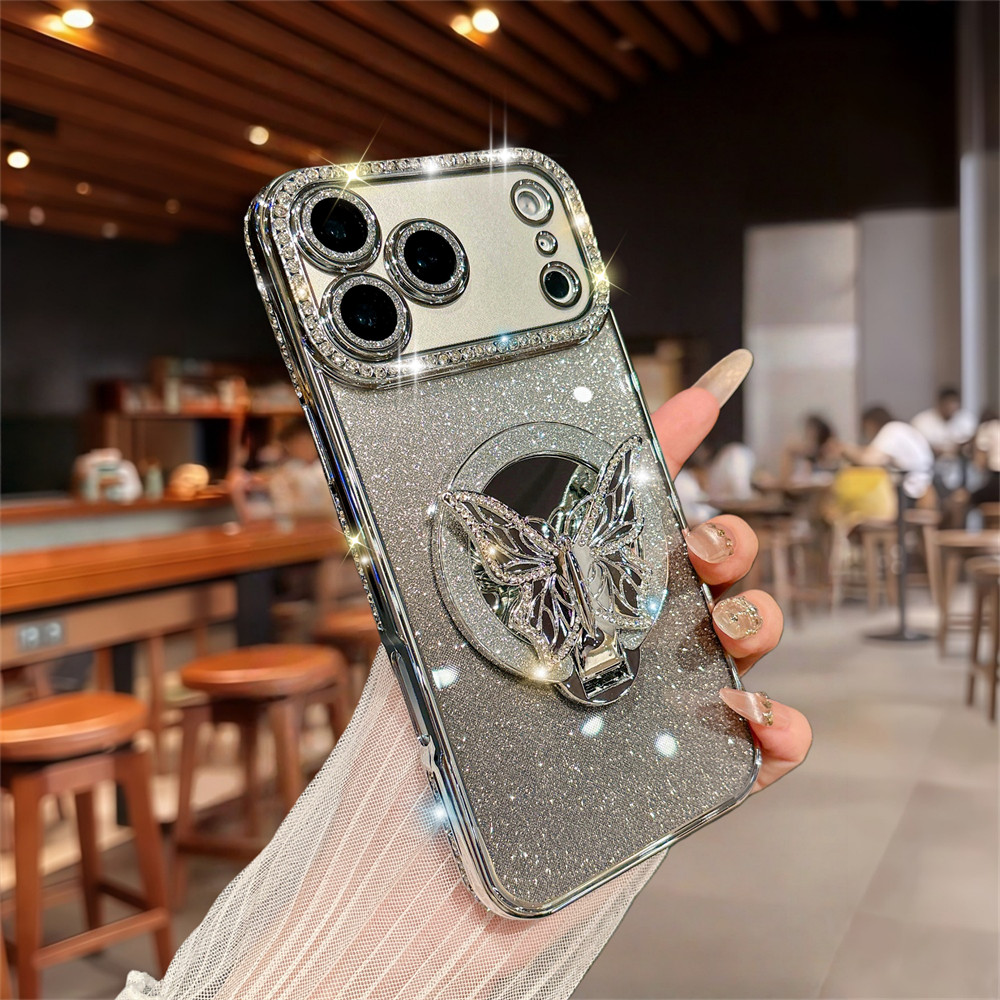 ประกายผีเสื้อกระจกยึดเคสโทรศัพท์สําหรับiPhone 17 Pro Max 16 11 12 13 14 15 Pro Maxเลนส์ป้องกันกล้องกันกระแทกTPUปลอกนุ่มโทรศัพท์