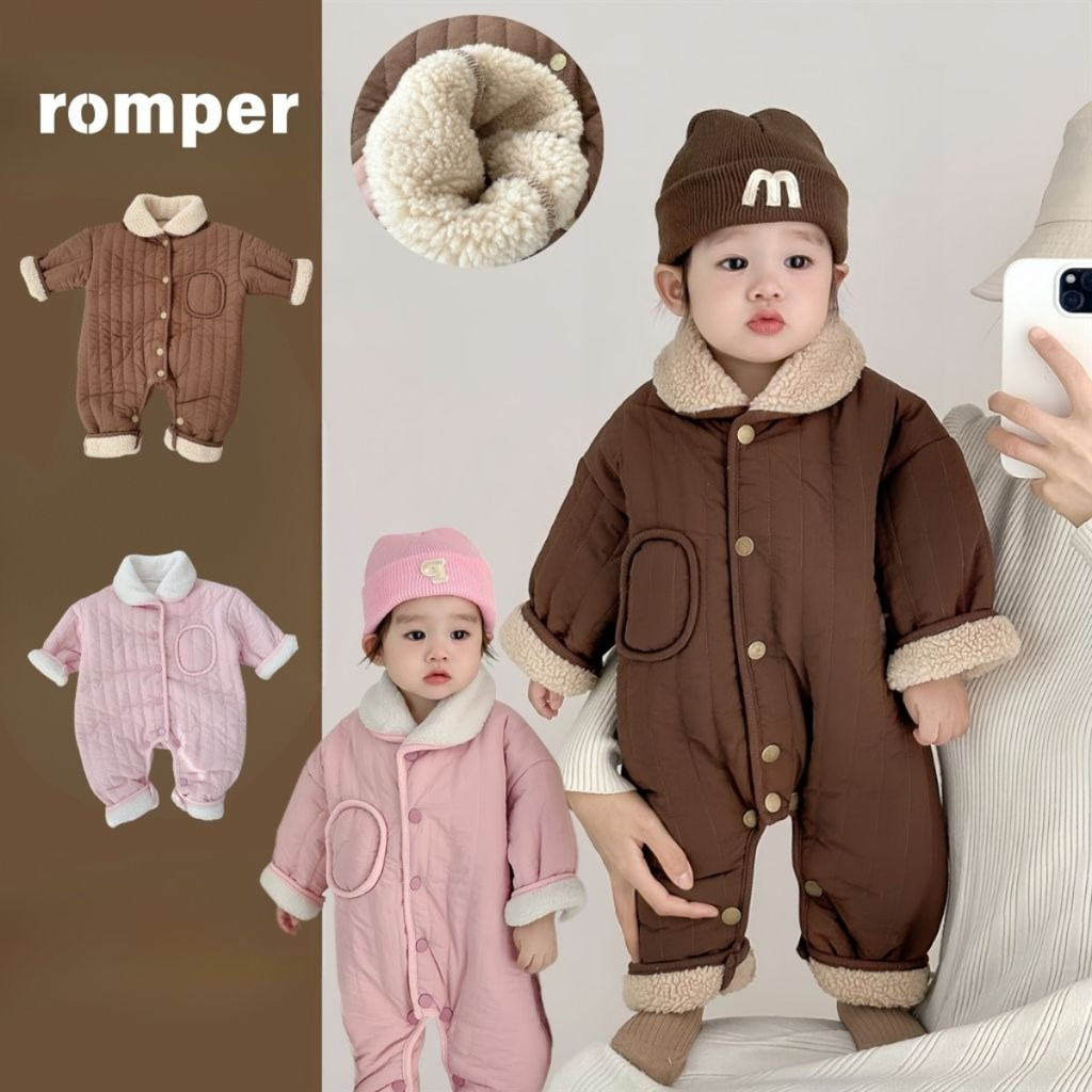 ฤดูใบไม้ร่วงฤดูหนาวชายหญิงเด็กสีทึบซับขนแกะปกอบอุ่นแจ็คเก็ตผ้าฝ้ายขนาดเล็กทารกแรกเกิด ชุดจั๊มสูท