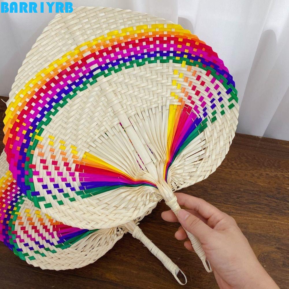 BARR1YRB พัดลมไม้ไผ่ทอ, พัดลมหวายน้ําหนักเบาแบบพกพา, ศิลปะธรรมชาติ Handmade พัดลมฟางสีสันสดใสตกแต่งบ้าน