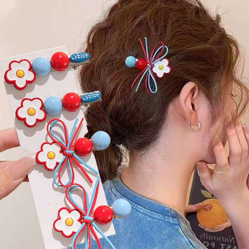 อินเทรนด์ดอกไม้สีแดง Bangs Barrettes น่ารัก Contrast สี พร้อม Bowknot สำหรับคลิปผมลื่นด้านข้าง