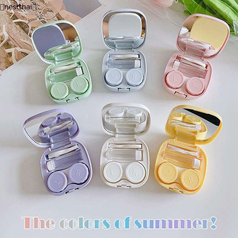 |QING|กล่องใส่คอนแทคเลนส์แบบพกพา DIY สีทึบแบบลูกกวาด เรียบง่าย มันวาว