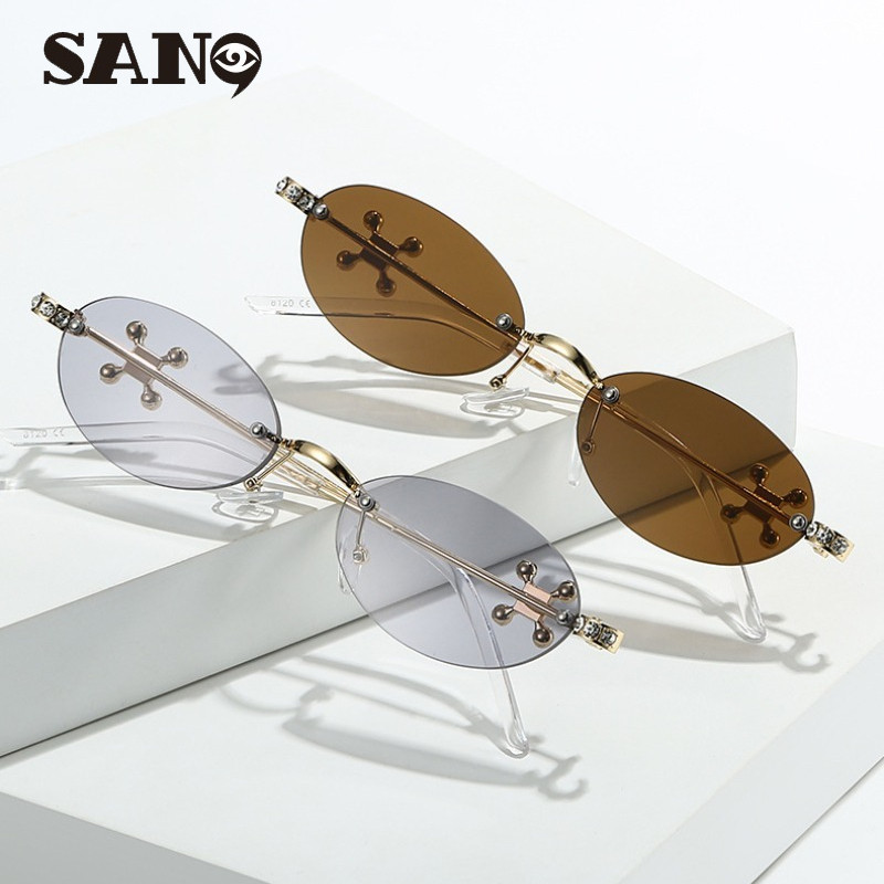 แว่นกันแดดน้ำหนักเบาทรงฟรีเมทัลลิครอบกรอบ เพชรหุ้มห่อ ดีไซน์หรูหรา ป้องกันรังสียูวี