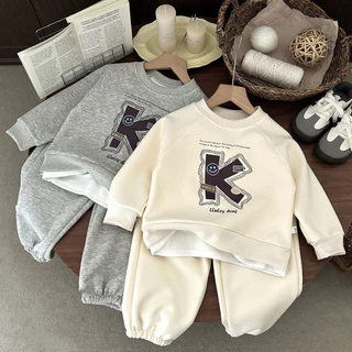 MooDeng Baby เสื้อผ้าเด็ก ชุดกันหนาว มี 2 สี สีครีม และ สีเทา สำหรับเด็ก แขนยาว ขายาว เสื้อพมพ์ลาย แฟชั่นสไตล์เกาหลี