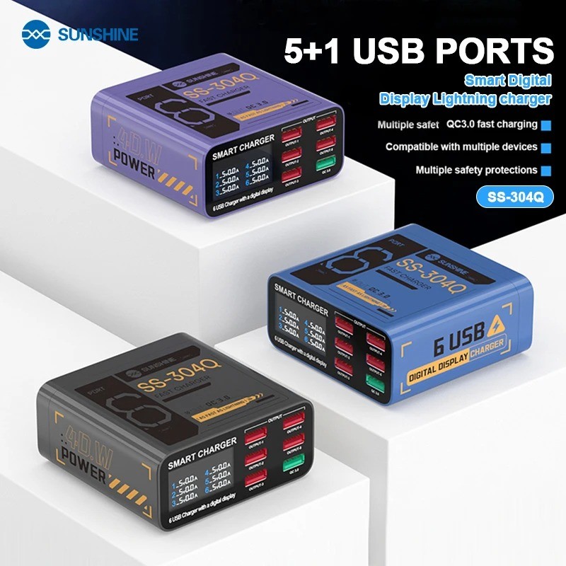 SUSNHINE SS-304Q 6 พอร์ต Usb Digital Display Fast Charge QC3.0 สมาร์ท Fast Charge สําหรับโทรศัพท์แท็บเล็ตนาฬิกาชาร์จ