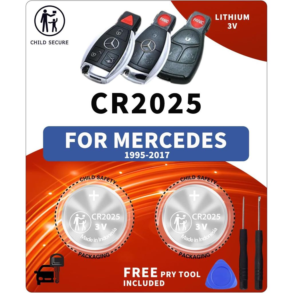 Key Fob แบตเตอรี่ทดแทนสําหรับ Mercedes-Benz – CR2025 (2 แพ็ค) – เหมาะกับ C-Class E-Class ML S-Class 
