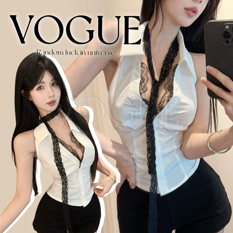 Vogue🌟พร้อมส่ง🌟 เสื้อครอปแขนกุด คอปก แถมสายลูกไม้ เรียบหรูดูแพง (FY5010)