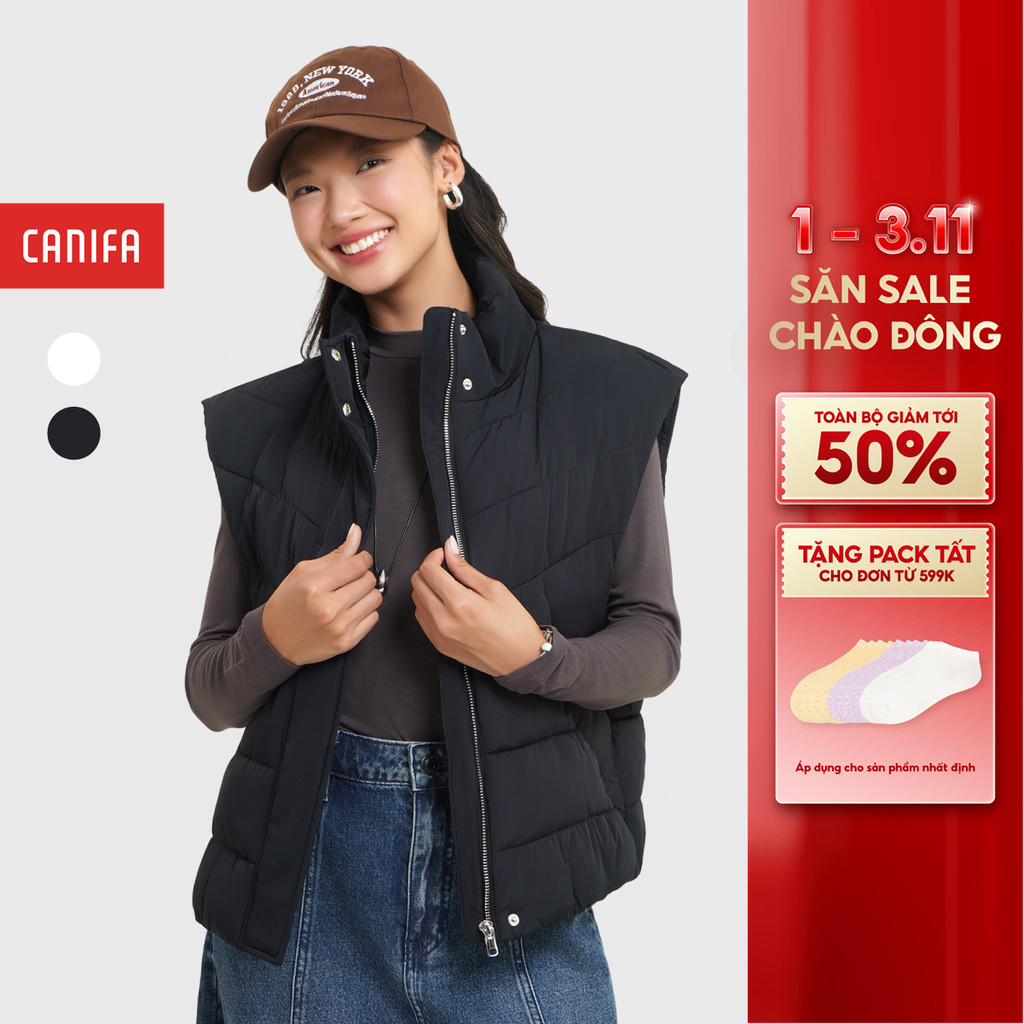 CANIFA เสื้อแจ็คเก็ตผ้าควิลท์ผู้หญิง แขนกุด คอปกสูง แสงซุปเปอร์ ซุปเปอร์วอร์ม 6OT25W001