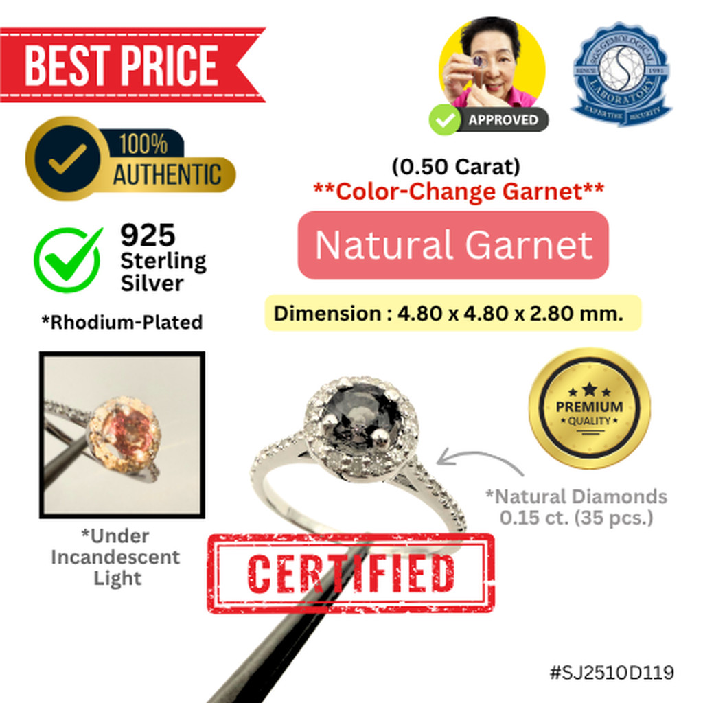 แหวนเงิน การ์เน็ตเปลี่ยนสี (Round Mixed, 0.50 ct.) และเพชรธรรมชาติ (0.15 ct. x 35 pcs.) Size #53 (92