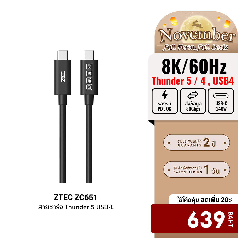 [ลดเหลือ 639] ZTEC Thunder 5 Cable ZC651 สายชาร์จ ส่งข้อมูล 80Gbps USB4 240W 8K/60Hz ยาว 1.5 m -2Y