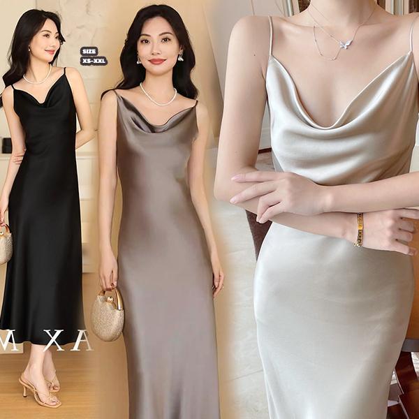 mimi&didi#ชุดเดรสสลิปผ้าซาตินสำหรับผู้หญิง สไตล์ฝรั่งเศส สีขาวยาวพร้อมดีไซน์คอวีสุด ชุดเดรสยาวแขนกุด ทรงเข้ารูป#99023