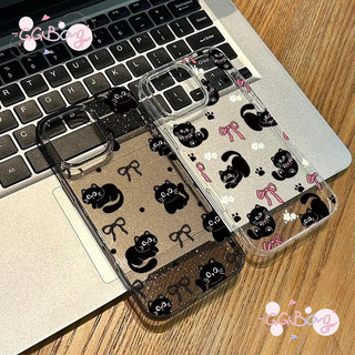 สำหรับ IPhone 17 air 12 13 15 16 11 14 Pro Max XR X XS 7 8 16 15 14 Plus ดอกไม้น่ารัก โบว์จุด แมวดำ กลิตเตอร์ ผงใส ปก