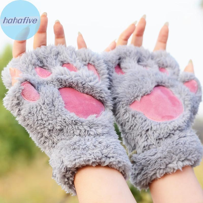 HAHA น่ารัก Plush Claw Paw ถุงมือ Plush Mittens Warm Soft Plush สั้น Fingerless Fluffy หมีถุงมือเครื่องแต่งกายถุงมือครึ่งนิ้ว TH