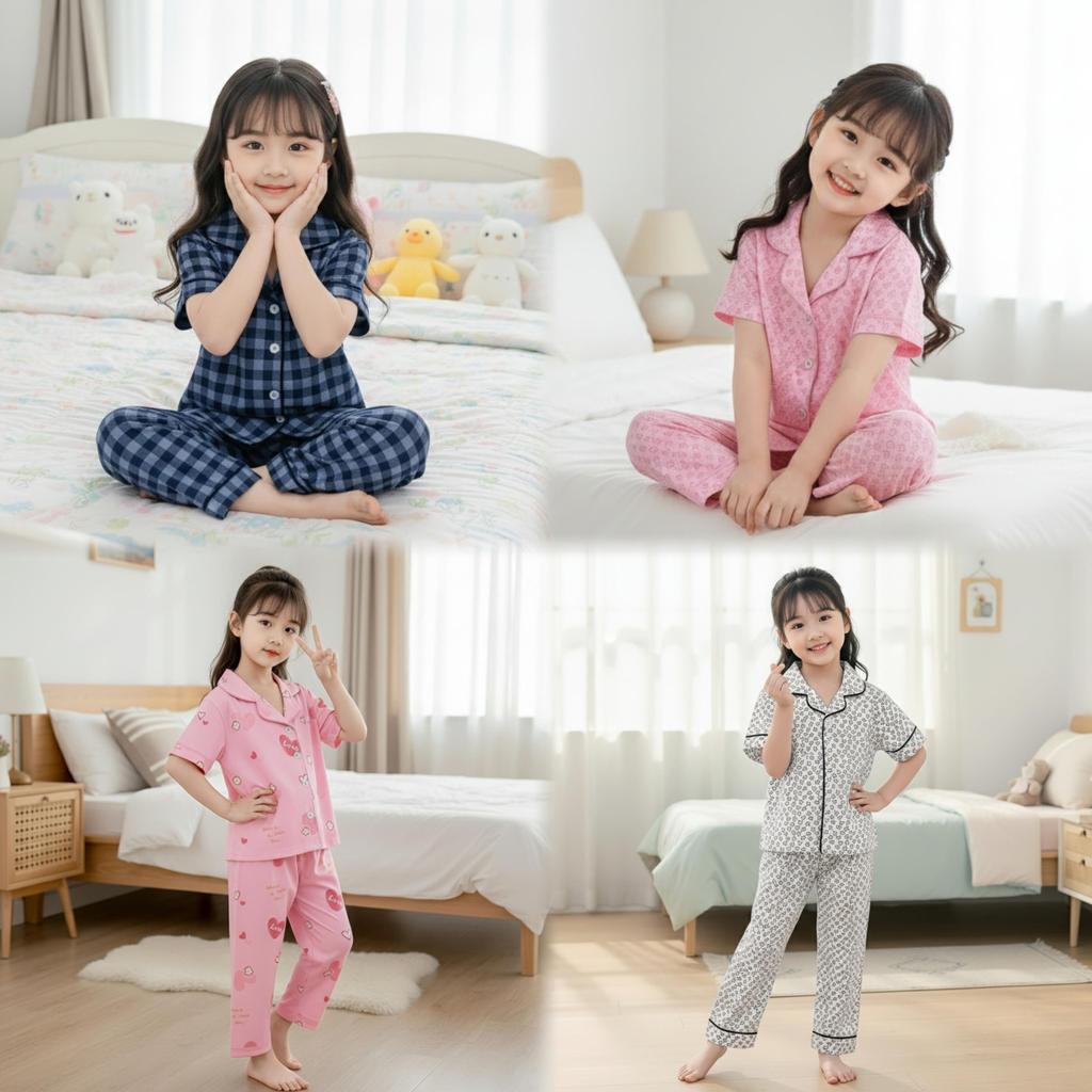 PINKชุดนอนเด็กแขนสั้นขายาว คอปก กระดุม มีกระเป๋าหน้า ผ้าคอตตอนผสมฝ้าย