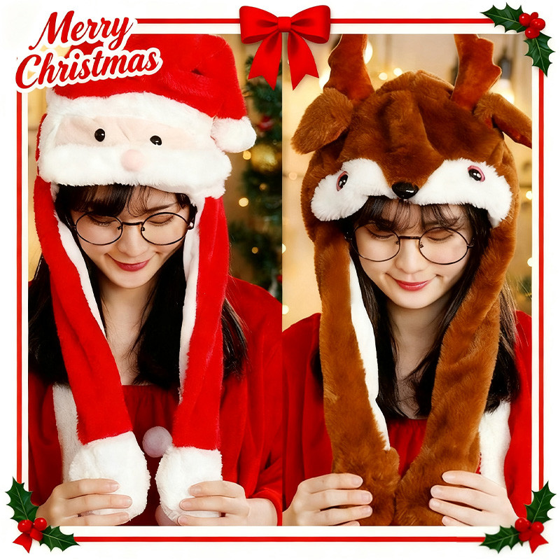 หมวกซานต้า หมวกกวางเรนเดียร์ ตุ๊กตานุ่มๆ เคราและหูสามารถขยับได้ แต่งหูกระโดด ลายคริสต์มาส