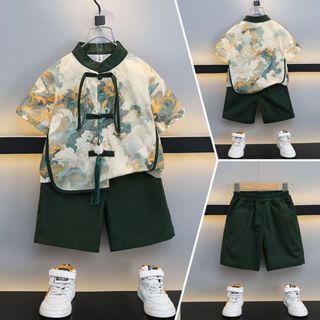 男童装新款套装夏季盘扣短袖短袖衬衫古风儿童内衣套装เด็กชายHanfuสูทฤดูร้อนหัวเข็มขัดเสื…