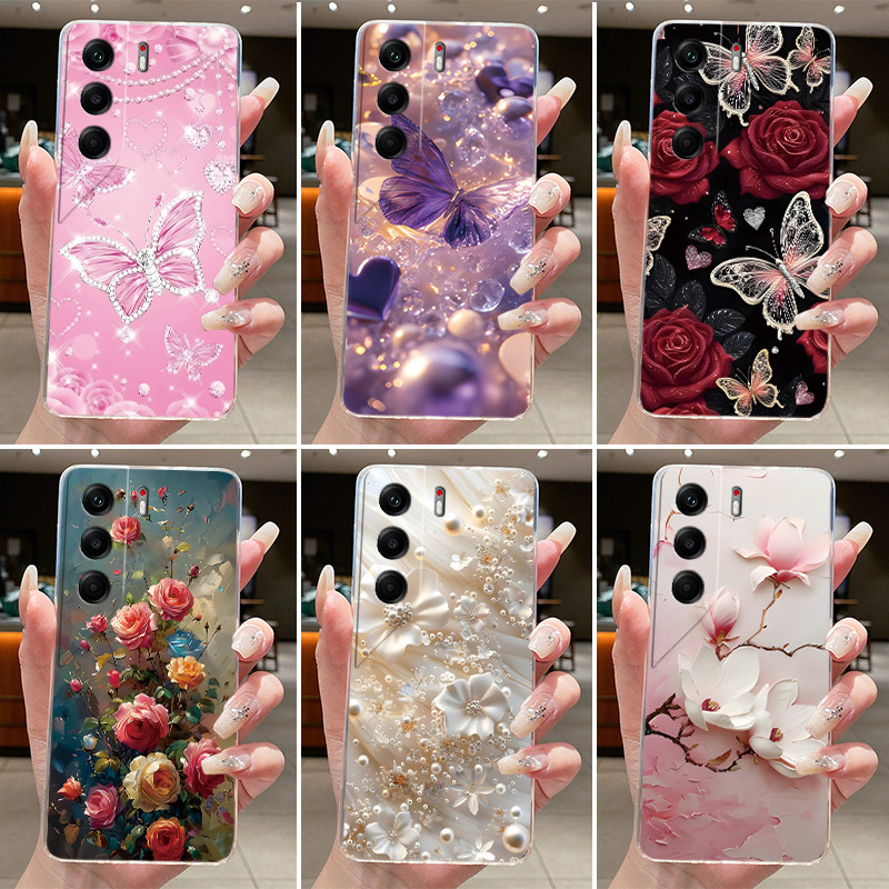 สําหรับ Tecno Camon40 CM5 กรณีหรูหราผีเสื้อแฟชั่นดอกไม้ Soft TPU ซิลิโคนฝาครอบโทรศัพท์ Techno Camon 