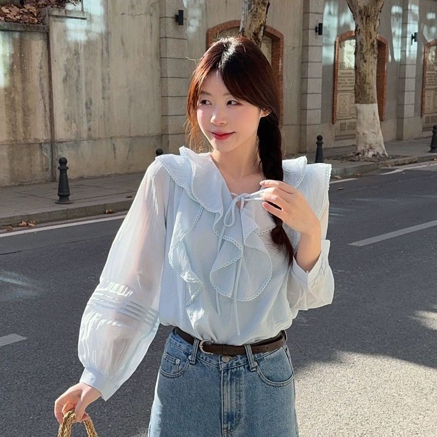 เสื้อชีฟองแขนยาวแบบใบบัวสไตล์ฝรั่งเศส โทนอ่อนโยน สำหรับปี 2025 - รูปที่ 7