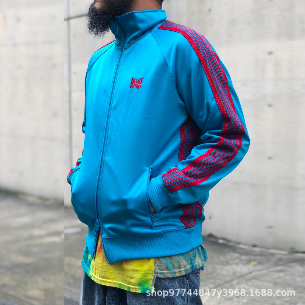 Needles Bright Blue Embroidery LOGO Zipper Cardigan Jacket Navy Blue Stand Collar Casual Long Sleeve