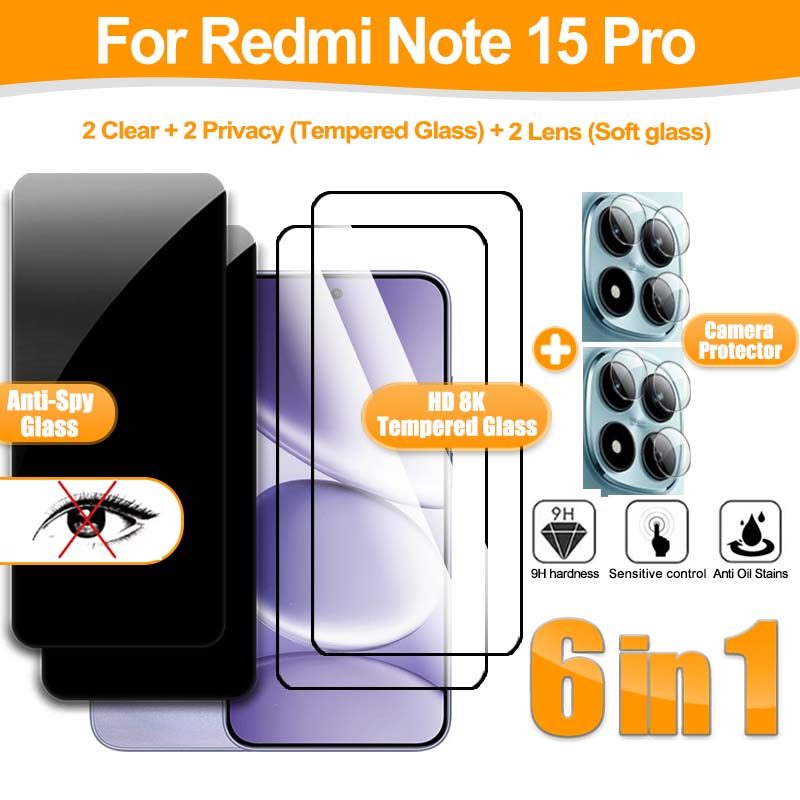 ฟิล์ม 6 ใน 1 Redmi Note 15 Pro 5G ฟิล์มกระจกนิรภัยกันรอยและความเป็นส่วนตัว สำหรับ Redmi Note 15 Pro 14 13 12 11 Pro Plus 5G 4G ฟิล์มกระจก 2 ชิ้น กระจกกันรอยหน้าจอ กระจกกันรอยกล้อง
