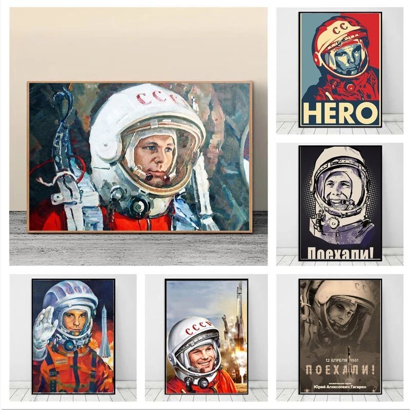 Space Heroes Yuri Gagarin ผ้าใบ Modern Wall Art โปสเตอร์วินเทจสําหรับตกแต่งห้องนั่งเล่น