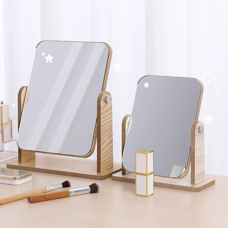 Portable Large Wooden Desktop Makeup Mirror High-Definition Rotating Student Dormitory Mirror for Pe