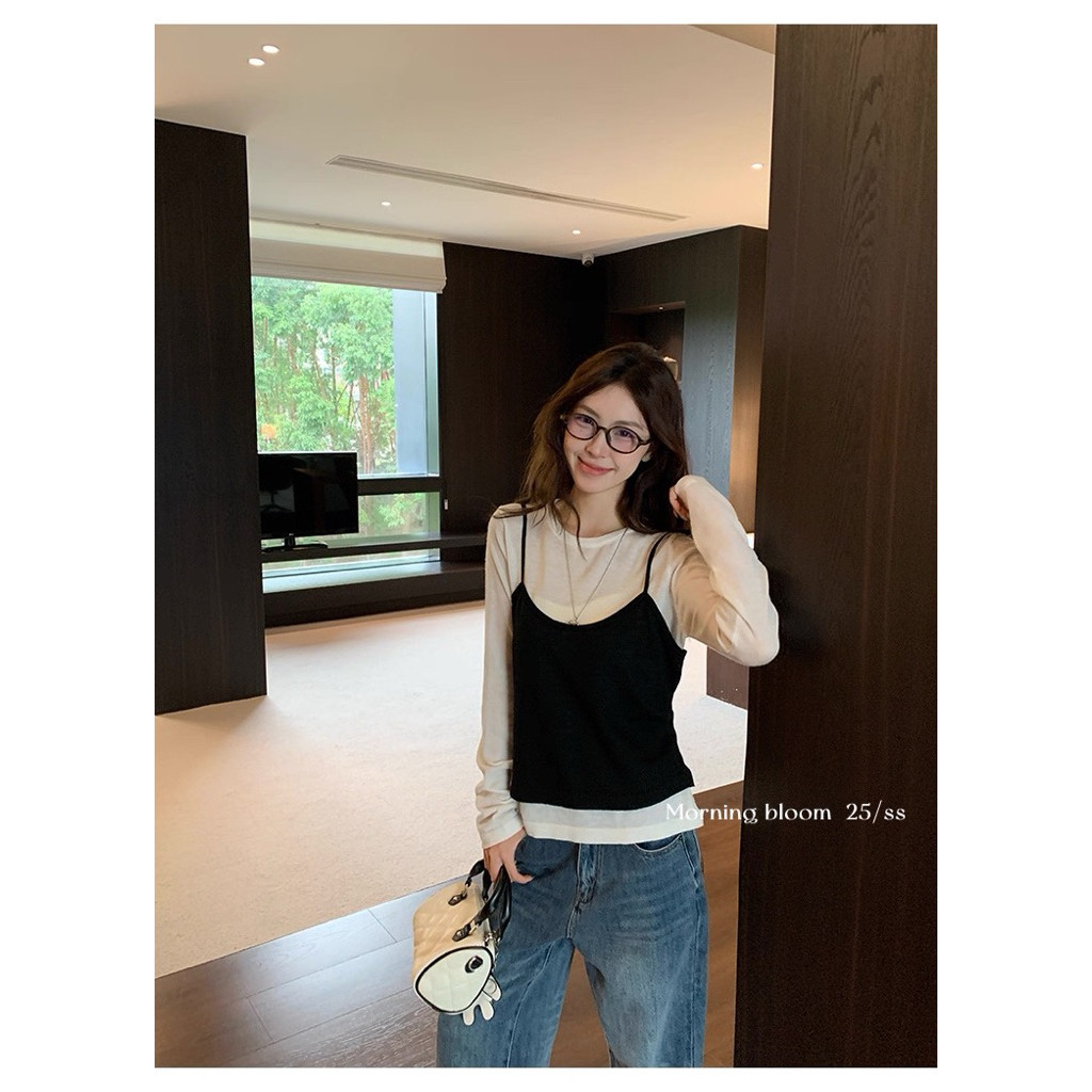 Cherry พร้อมส่ง☔️🧸เสื้อยืแขนยาวผู้หญิง เสื้อ2ชิ้นติดกับ ดีไซน์โปว์ผูกเอวเสื้อครอปทรงเข้ารูปสีดำคอกลม ลำลอง แฟชั่นผู้หญิ - รูปที่ 6