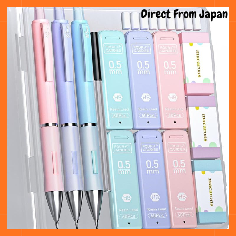 Four Candies Pastel Mechanical Pencil Set (0.5/0.7/0.9mm), 360 HB Lead Refills & Erasers Included