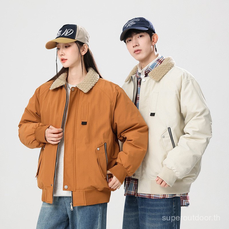 2025 Turn-Down Collar Cotton Jacket Mens Coat คู่ Simple Fleece-Lined Jacket ผู้ชาย Warm Unisex Cott