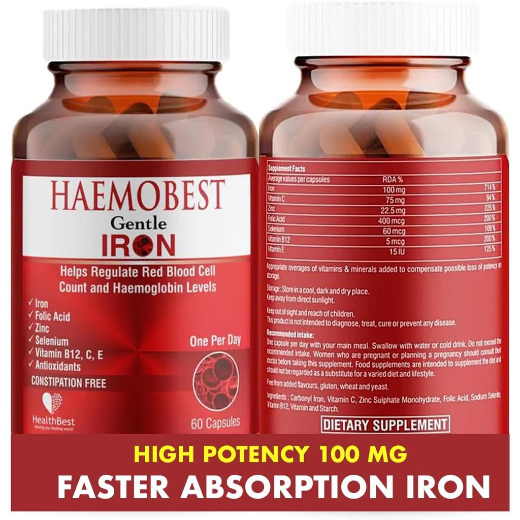 HealthBest High Potency Gentle Iron Capsules 100mg |เตารีดปล่อยช้าสําหรับการดูดซึม Faster, Non-Conti