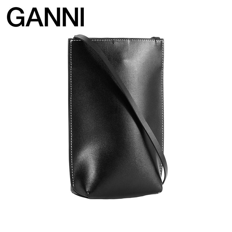 [Double 12 Carnival] Ganni Female Bag Black Vertical Mobile Phone Bag Small Size Shoulder Messenger 