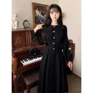 ✨ผู้หญิง ดํา วินเทจ สบายๆ ทํางาน ชุดเดรส แขนยาว แฟชั่น ใส่สบาย เดรสน่ารัก black dress ออกงาน✨