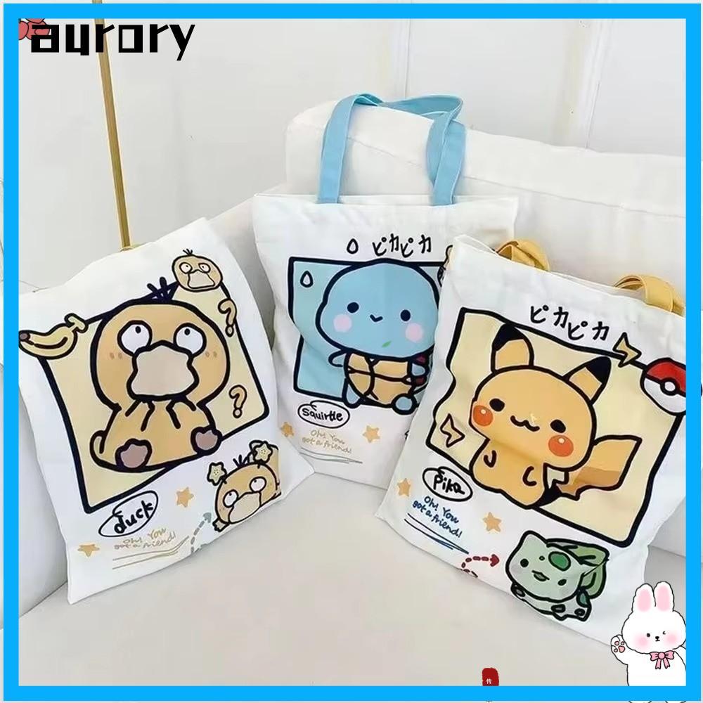 AURORY กระเป๋าสะพายผ้าใบ, อะนิเมะ Pikachu Psyduck Squirtle กระเป๋าถือลําลอง, การ์ตูนนํากลับมาใช้ใหม่