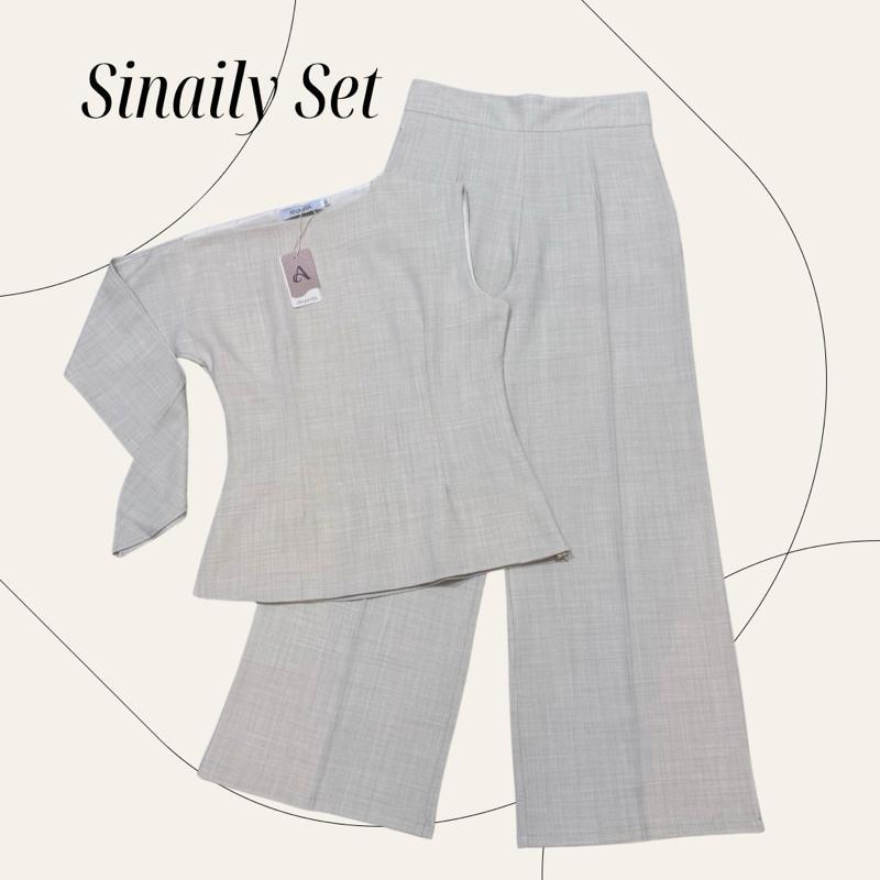 Sinaily Set ชุดเซตเสื้อปาดไหล่ผูกข้างแมทกางเกงขายาวกระบอกใหญ่ AN310