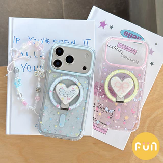 INS ผีเสื้อปมดาวปีกรูปหัวใจ Kickstand เคสโทรศัพท์แม่เหล็กสําหรับ iPhone 17 16 15 14 13 Pro Max 17Pro กันกระแทก IMD Glitter โทรศัพท์มือถือ