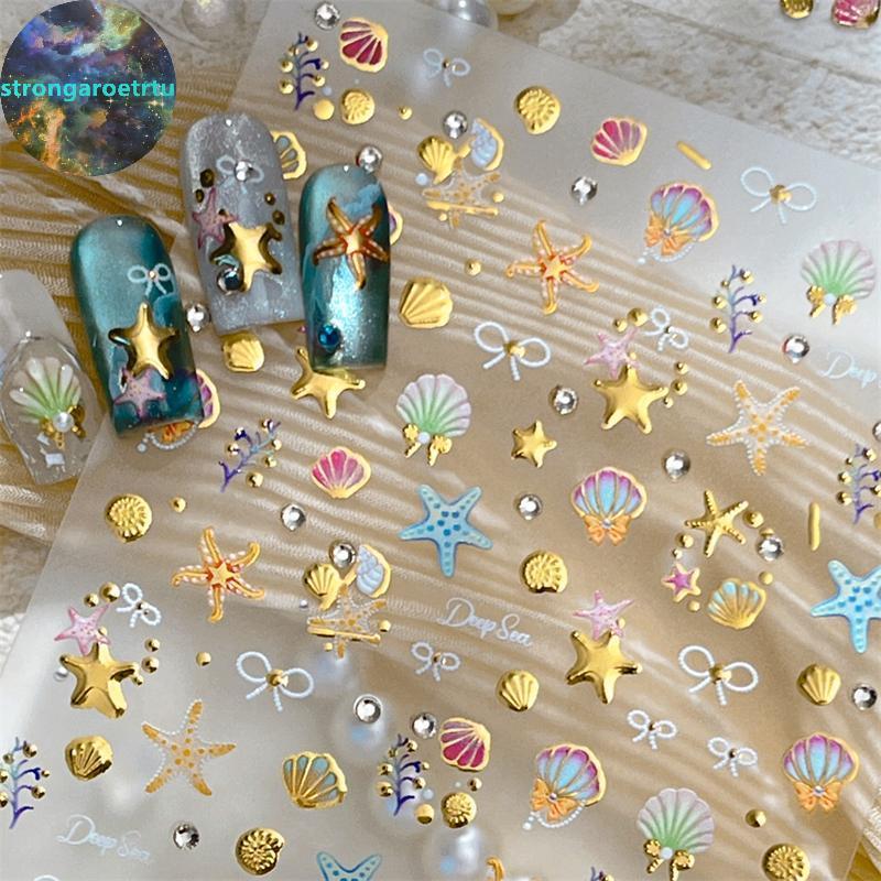 Strongaroetrtu ฤดูร้อน 3D Beach Ocean Nail Art สติกเกอร์เปลือกหอยปลาดาวสติกเกอร์หอยสังข์ปะการังทะเลตกแต่งเล็บเล็บสติกเกอร์ DIY TH