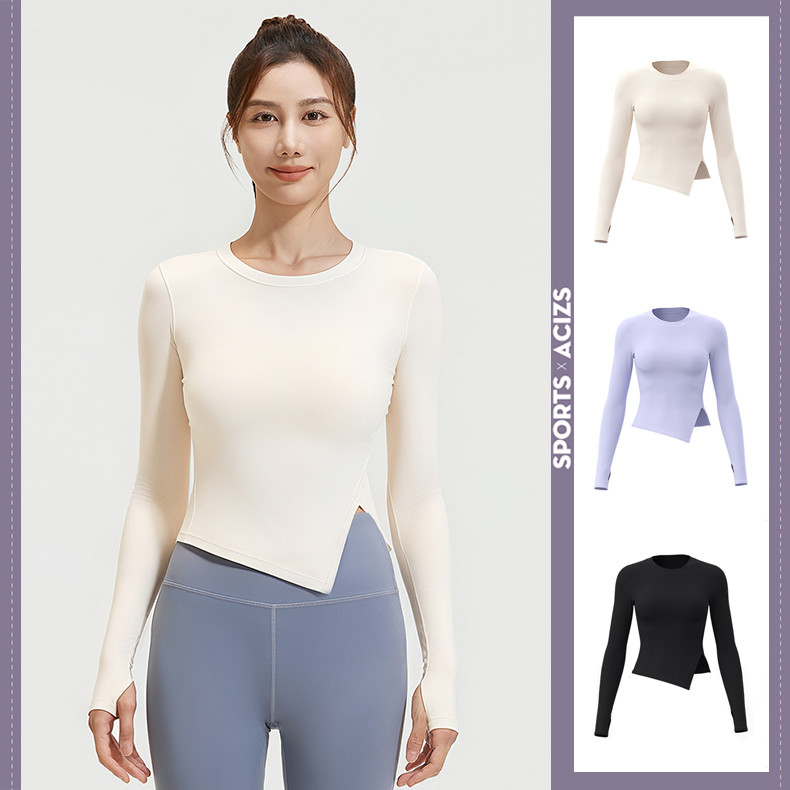 mvp sport เสื้อยืดคอกลมสีพื้น เสื้อกีฬาแขนยาว เสื้อโยคะ ชายผ่า