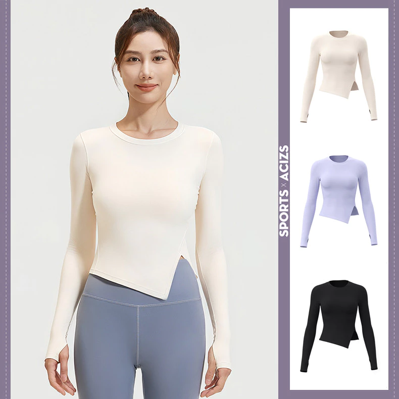 mvp sport เสื้อยืดคอกลมสีพื้น เสื้อกีฬาแขนยาว เสื้อโยคะ ชายผ่า