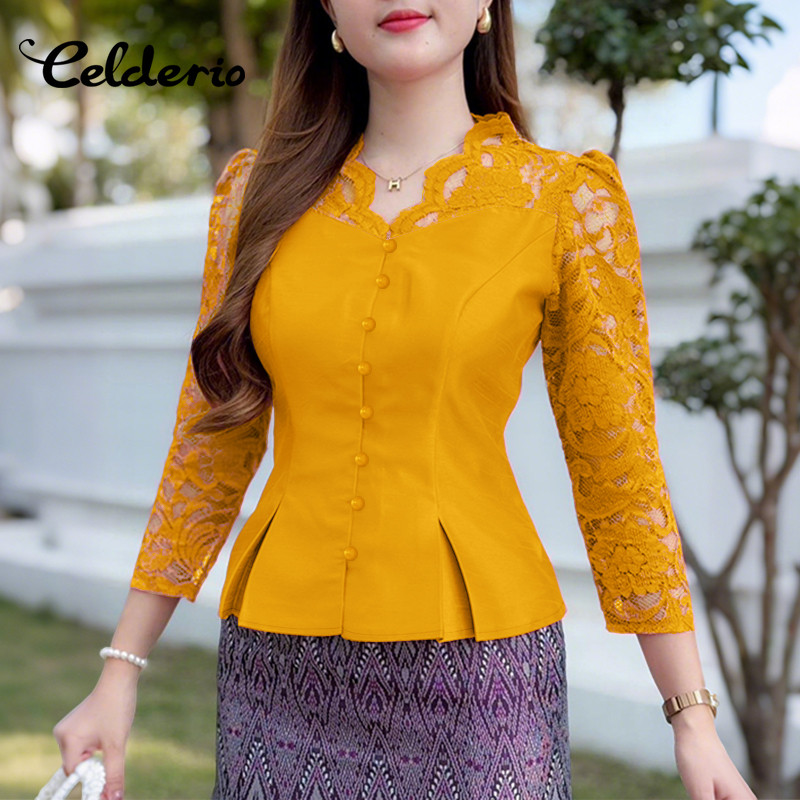 Celderio_work_Top สไตล์เกาหลีสำหรับผู้หญิง ออกแบบ.patchwork สีเรียบ แขน 3/4 และคอวี