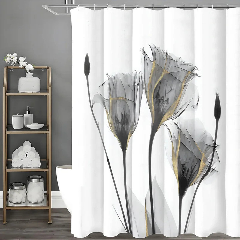Gray Floral with Gold Line Decorative Shower Curtain, Bathroom Decorative Shower Curtain, Waterproof