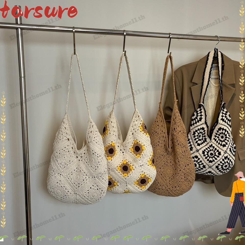 TARSURE กระเป๋าสะพายทอ, Hollowed Out Design มือโครเชต์โครเชต์ Tote Bag, เส้นด้ายโครเชต์ Bohemian Pat