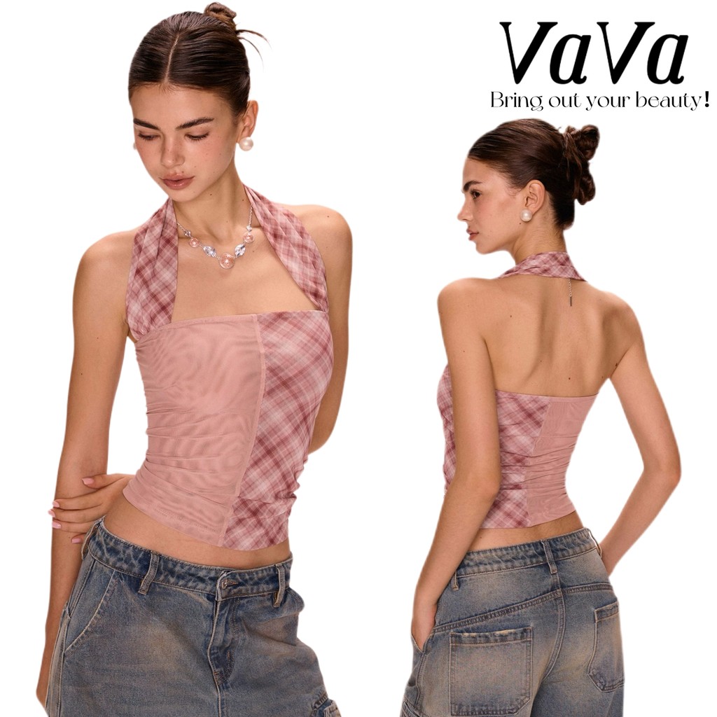 VaVa【ในสต็อก】เสื้อกล้ามคอวีไขว้ลายสก็อตสีชมพู ดีไซน์ไม่ซ้ำใคร เสื้อกล้ามแขนกุดสำหรับผู้หญิง เหมาะสำหรับใส่ตัวเดียว
